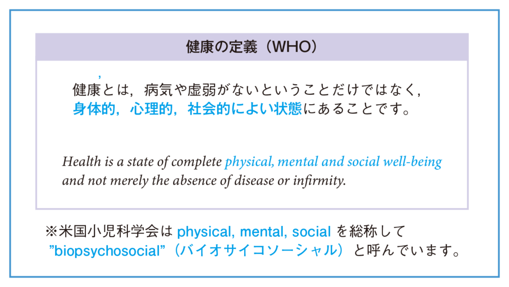 健康は身体的・心理的・社会的に良い状態（biopsychosocial well-being）